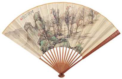 孙雪泥 钱瘦铁 壬申（1932年）作 山水 书法 成扇
